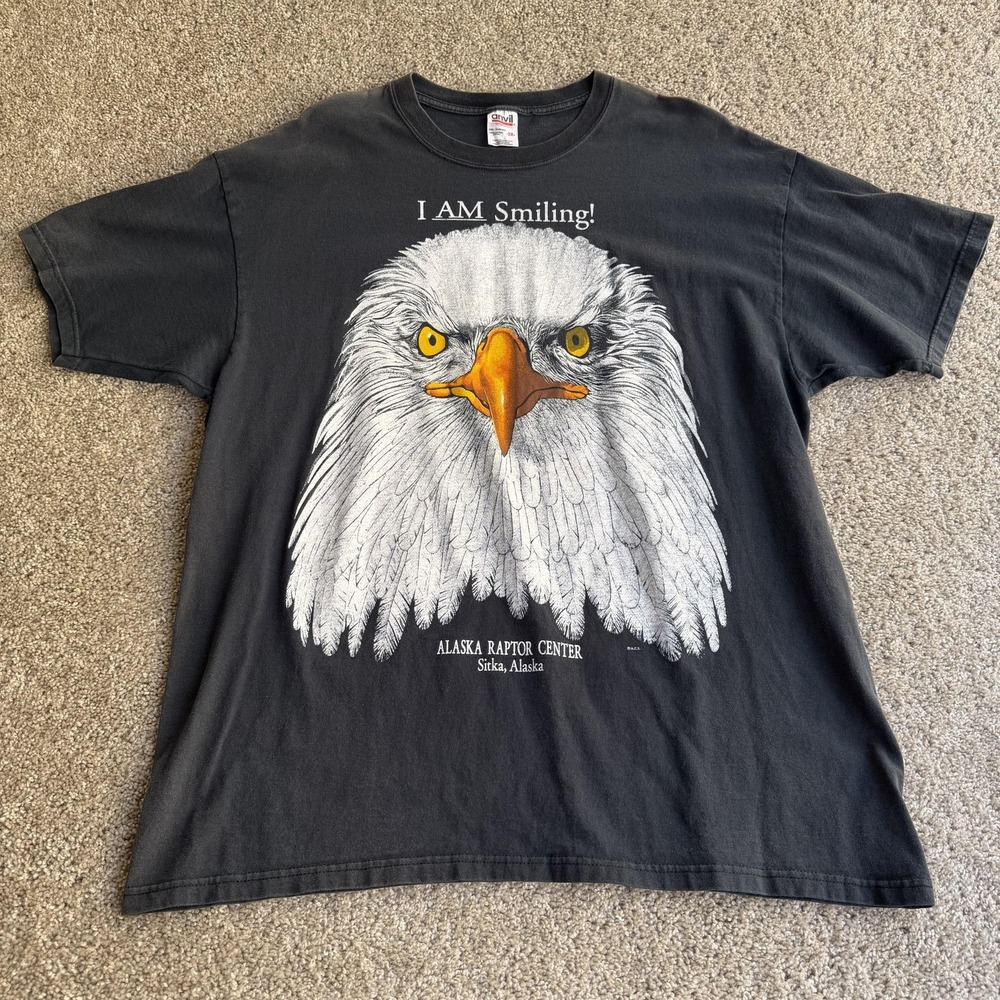 Vintage I Am Smiling Eagle Shirt Mens 2XL Black Alaska Tee T-Shirt Raptor Center